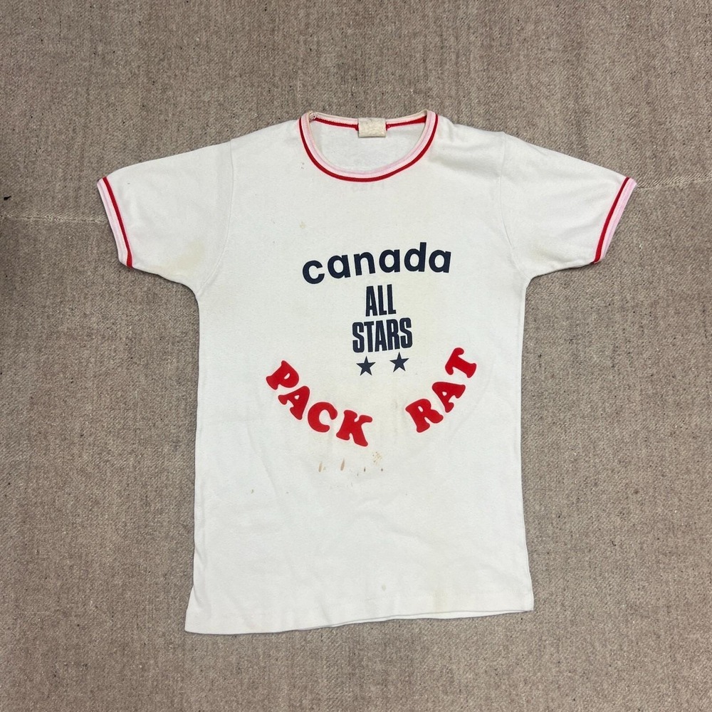 Vintage Canada All Stars Shirt Mens Small White 1970s Pack Rats Iron On